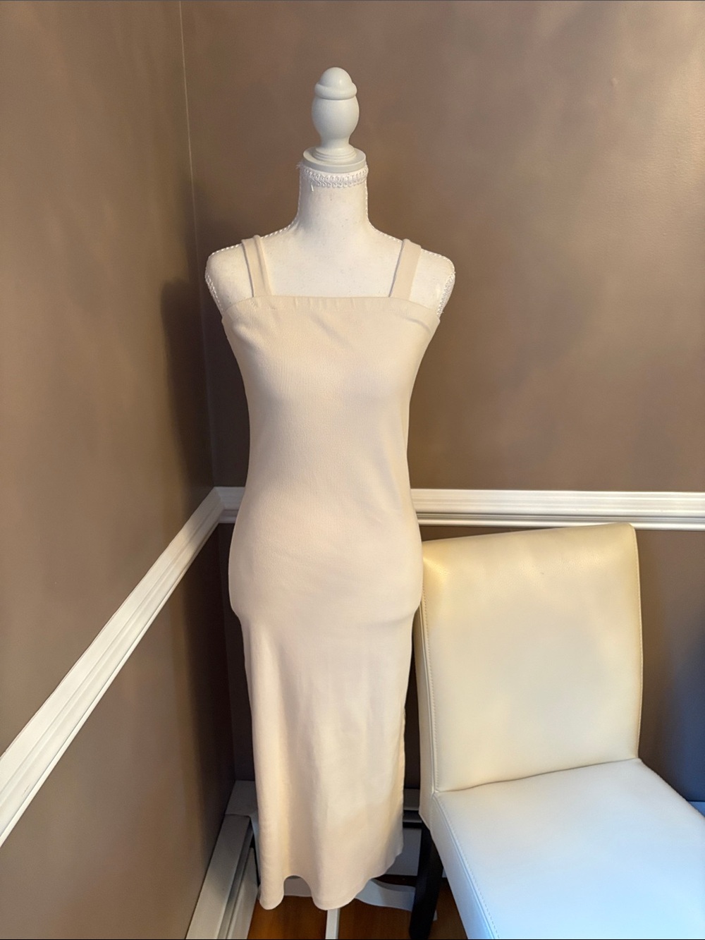 Sleeveless Beige Square-Neck Midi Dress